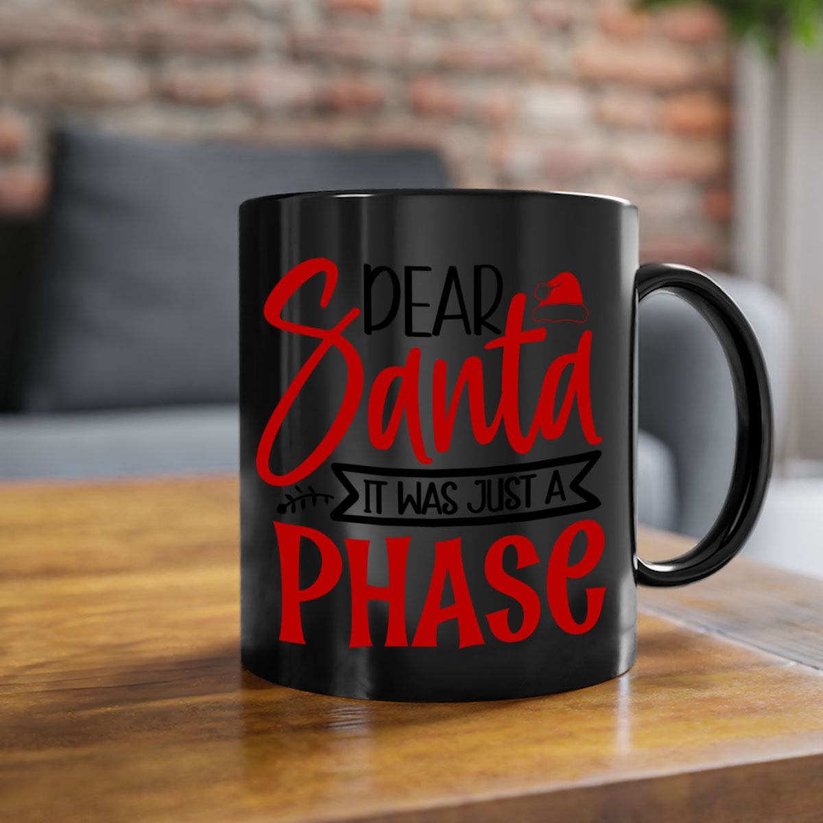Dear Santa It Was Just a Phase Mug with colorful handle and glossy finish, available in multiple colors and sizes.