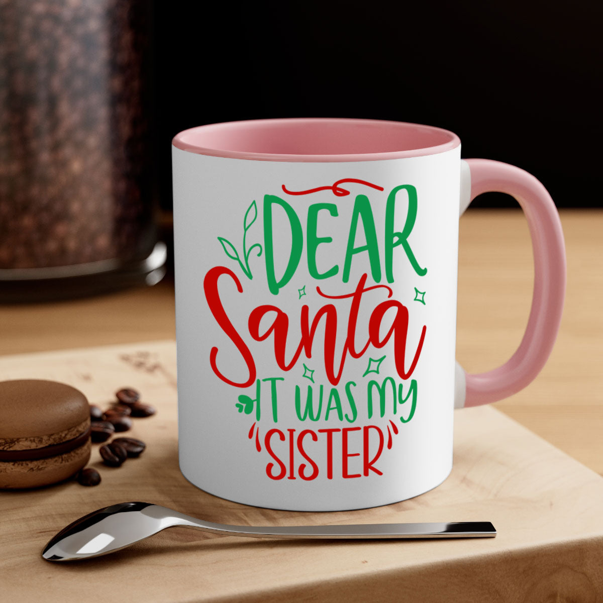Dear Santa It Was My Sister Christmas Mug with colorful handle and glossy finish, perfect for holiday beverages.