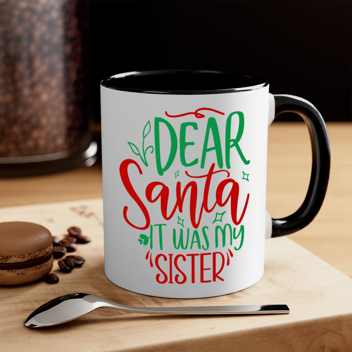 Dear Santa It Was My Sister Christmas Mug with colorful handle and glossy finish, perfect for holiday beverages.