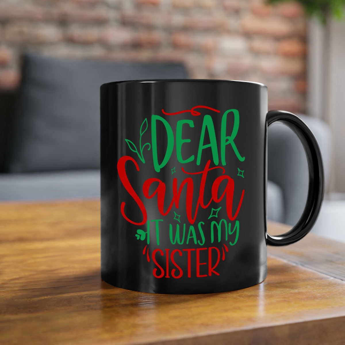Dear Santa It Was My Sister Christmas Mug with colorful handle and glossy finish, perfect for holiday beverages.