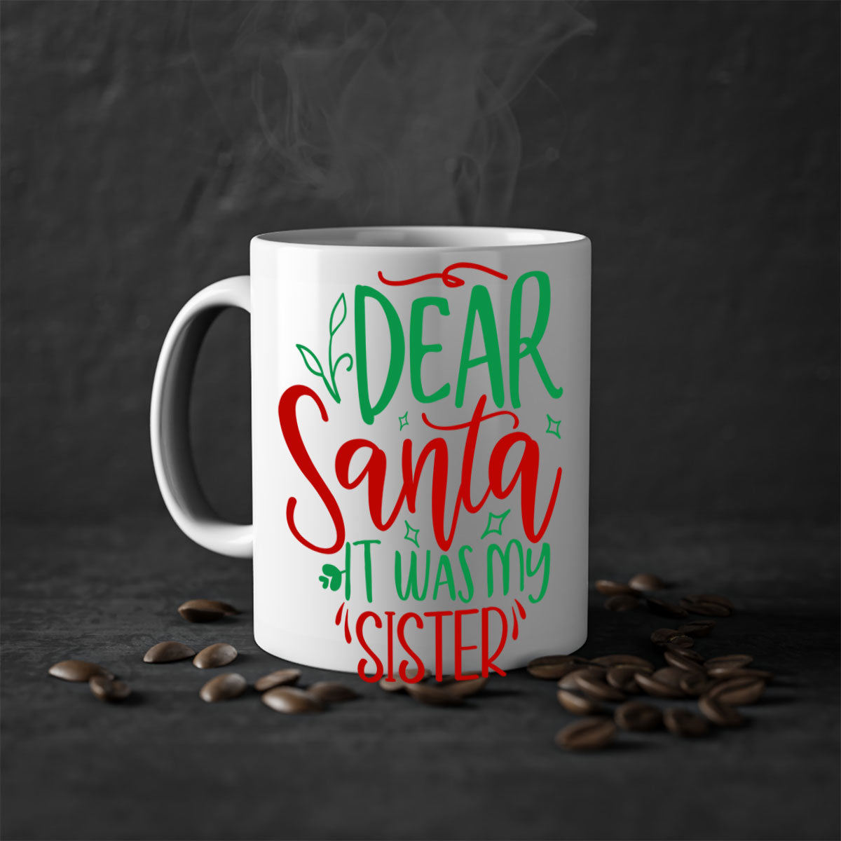Dear Santa It Was My Sister Christmas Mug with colorful handle and glossy finish, perfect for holiday beverages.