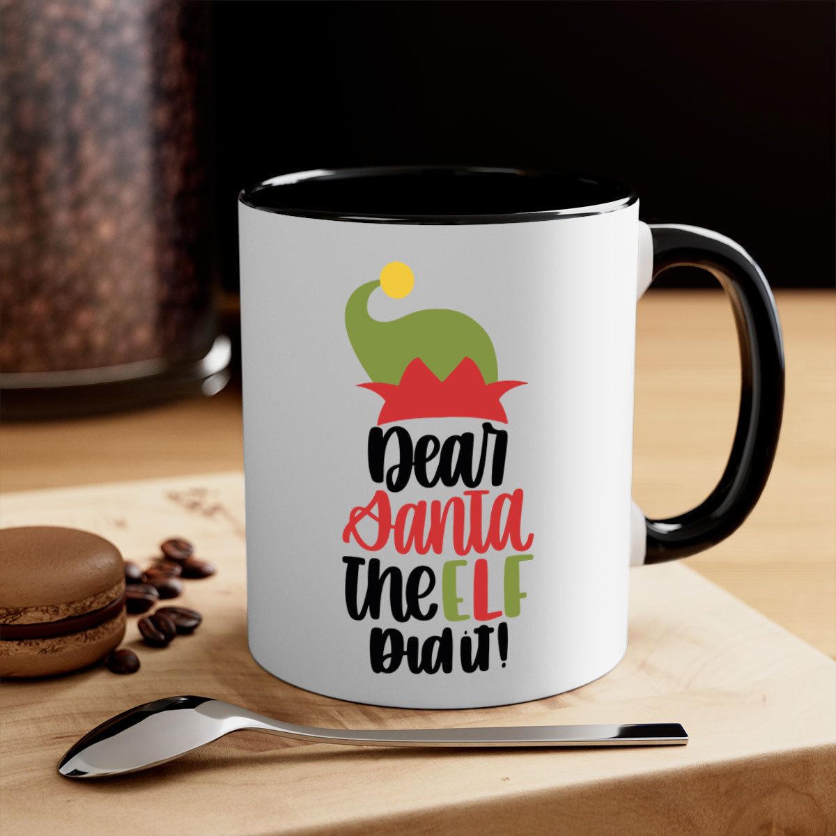 Dear Santa the Elf Did It Christmas Mug with colorful handle and glossy finish, perfect for coffee or tea.
