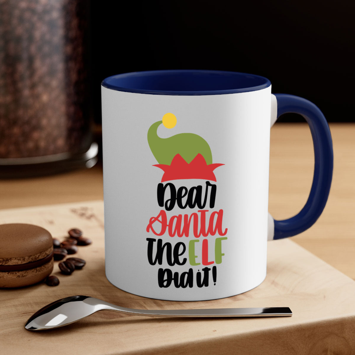 Dear Santa the Elf Did It Christmas Mug with colorful handle and glossy finish, perfect for coffee or tea.
