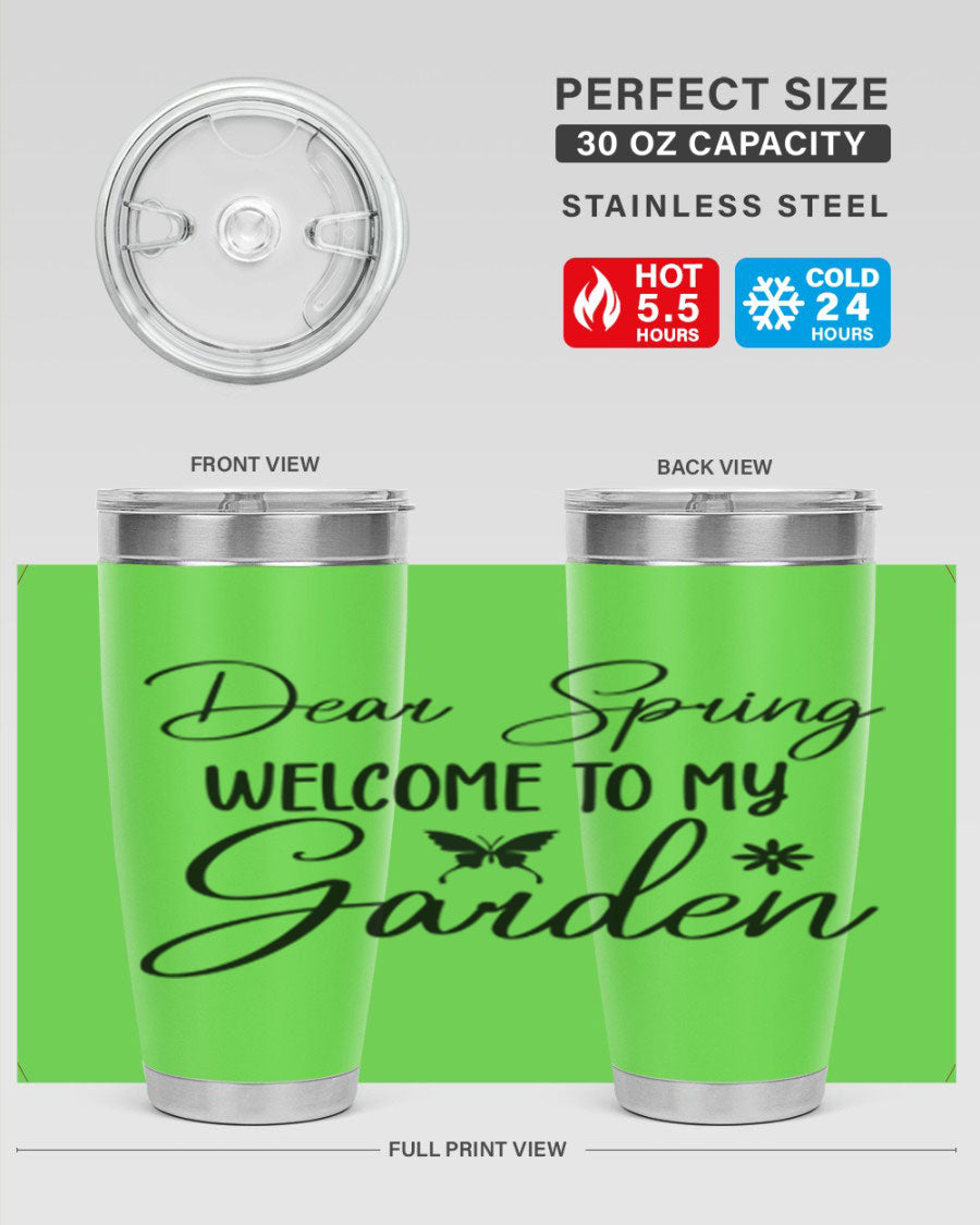 A stylish 20oz and 30oz stainless steel tumbler with a spring-themed design, featuring a press-in lid and double wall vacuum insulation.