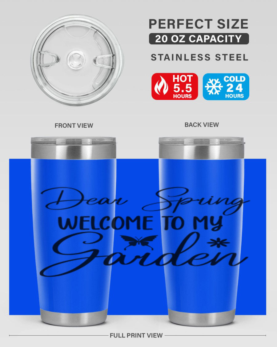 A stylish 20oz and 30oz stainless steel tumbler with a spring-themed design, featuring a press-in lid and double wall vacuum insulation.