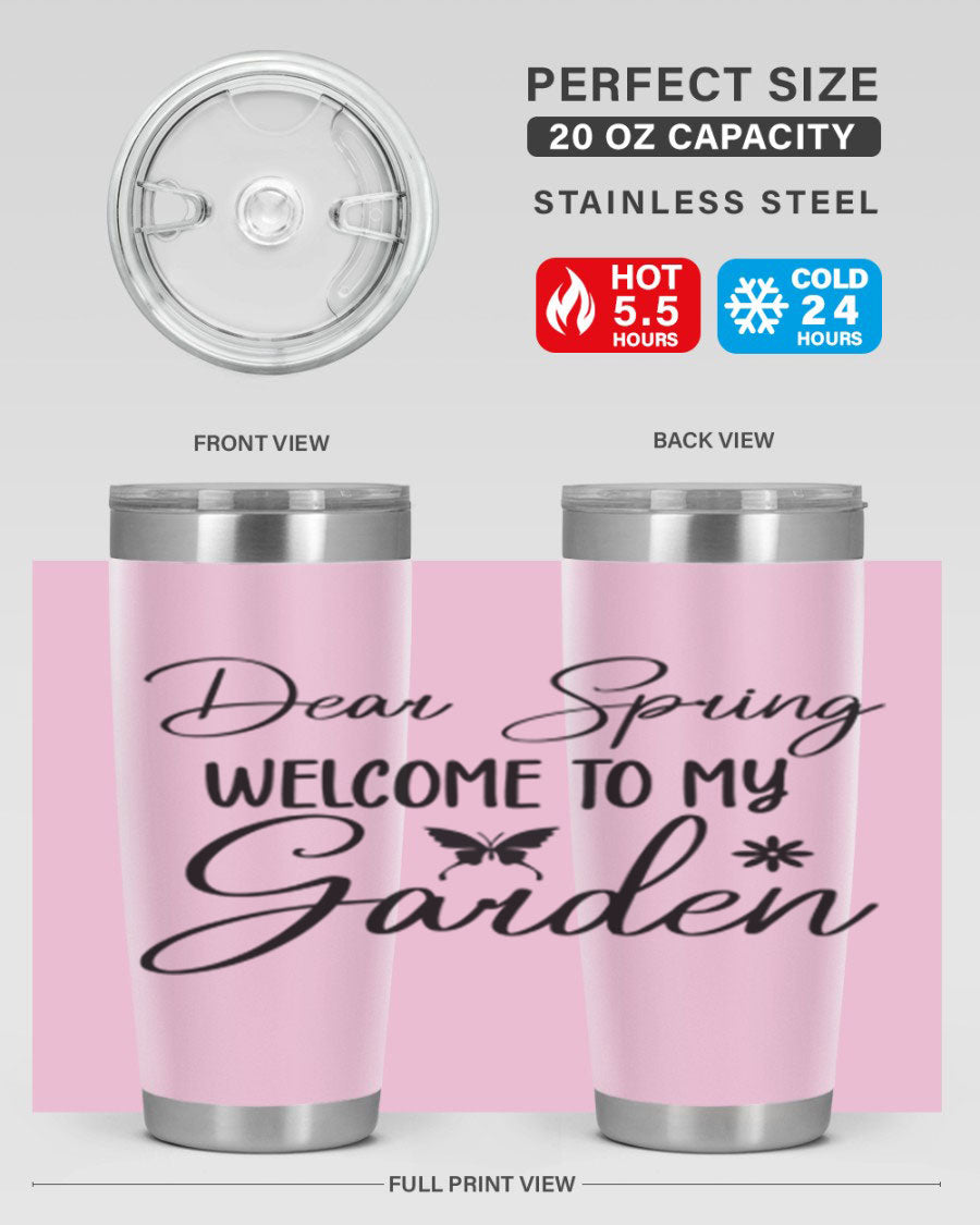 A stylish 20oz and 30oz stainless steel tumbler with a spring-themed design, featuring a press-in lid and double wall vacuum insulation.