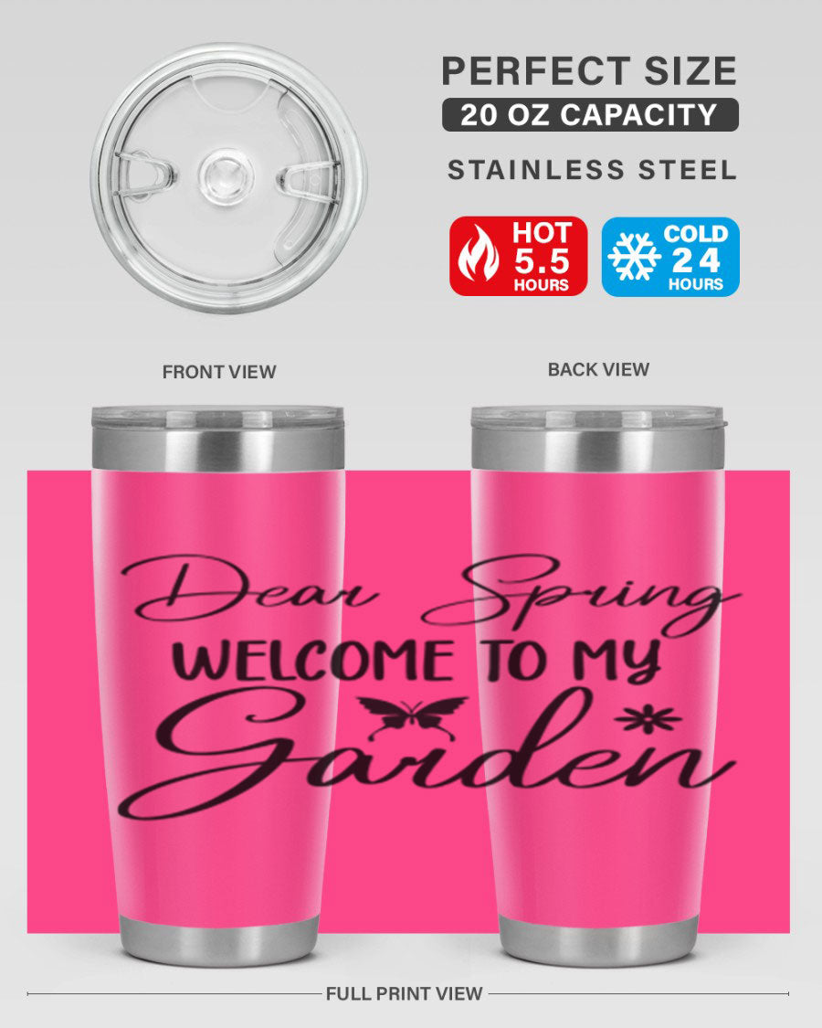 A stylish 20oz and 30oz stainless steel tumbler with a spring-themed design, featuring a press-in lid and double wall vacuum insulation.