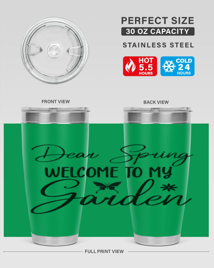 A stylish 20oz and 30oz stainless steel tumbler with a spring-themed design, featuring a press-in lid and double wall vacuum insulation.