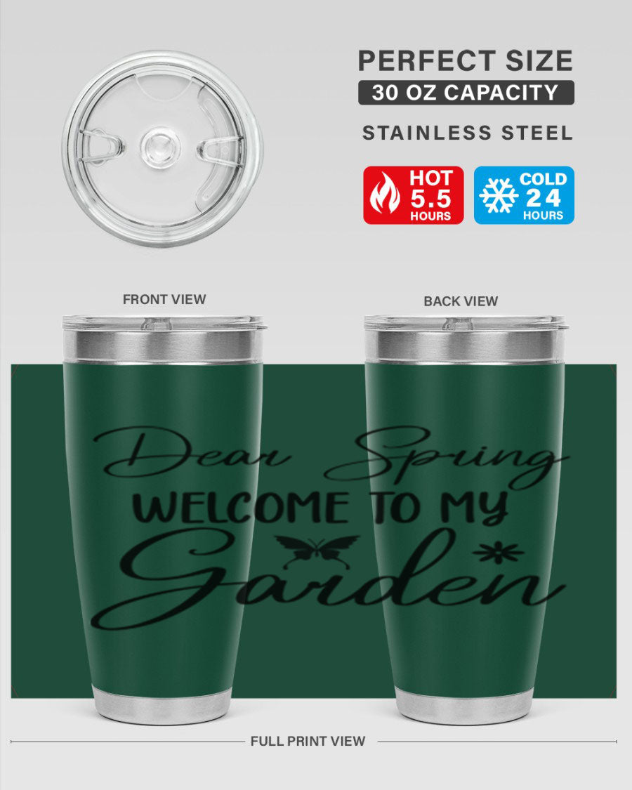 A stylish 20oz and 30oz stainless steel tumbler with a spring-themed design, featuring a press-in lid and double wall vacuum insulation.