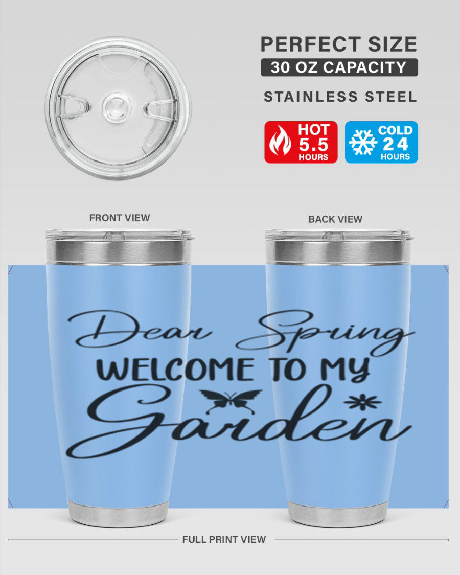 A stylish 20oz and 30oz stainless steel tumbler with a spring-themed design, featuring a press-in lid and double wall vacuum insulation.
