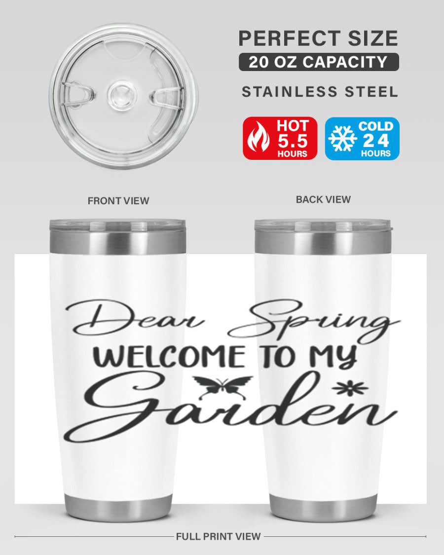 A stylish 20oz and 30oz stainless steel tumbler with a spring-themed design, featuring a press-in lid and double wall vacuum insulation.