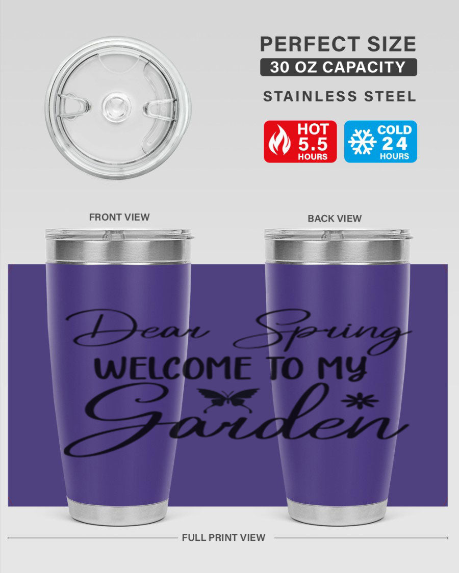 A stylish 20oz and 30oz stainless steel tumbler with a spring-themed design, featuring a press-in lid and double wall vacuum insulation.