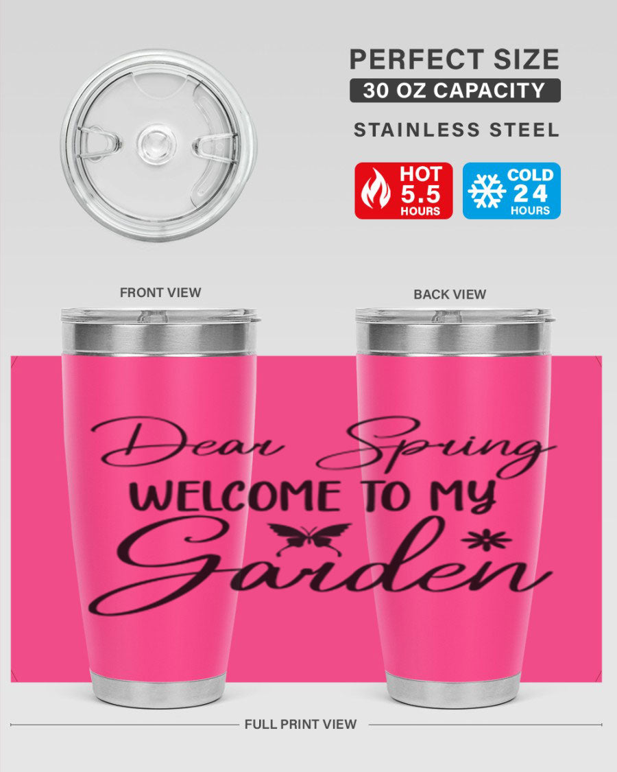 A stylish 20oz and 30oz stainless steel tumbler with a spring-themed design, featuring a press-in lid and double wall vacuum insulation.