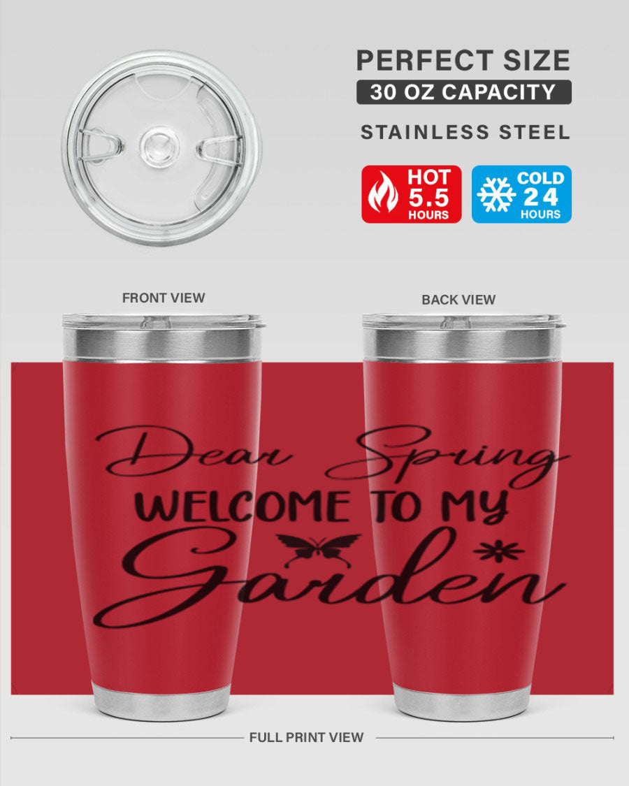 A stylish 20oz and 30oz stainless steel tumbler with a spring-themed design, featuring a press-in lid and double wall vacuum insulation.