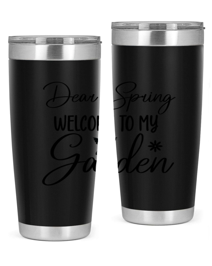 A stylish 20oz and 30oz stainless steel tumbler with a spring-themed design, featuring a press-in lid and double wall vacuum insulation.