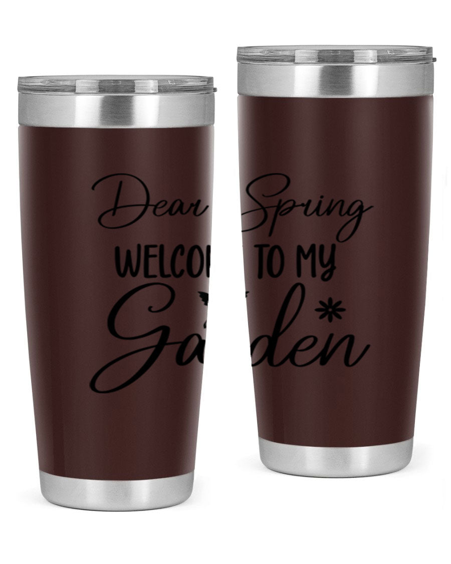 A stylish 20oz and 30oz stainless steel tumbler with a spring-themed design, featuring a press-in lid and double wall vacuum insulation.