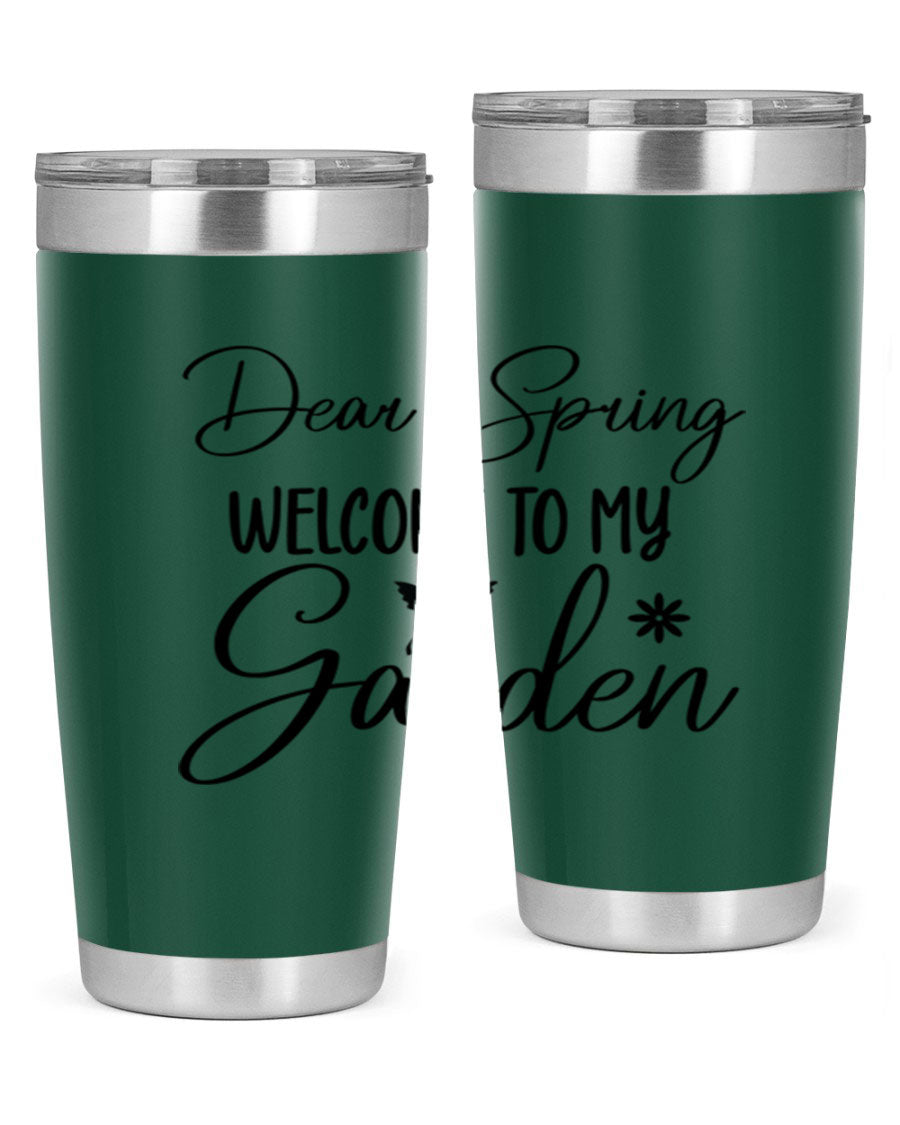 A stylish 20oz and 30oz stainless steel tumbler with a spring-themed design, featuring a press-in lid and double wall vacuum insulation.