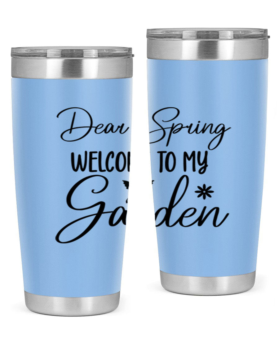A stylish 20oz and 30oz stainless steel tumbler with a spring-themed design, featuring a press-in lid and double wall vacuum insulation.