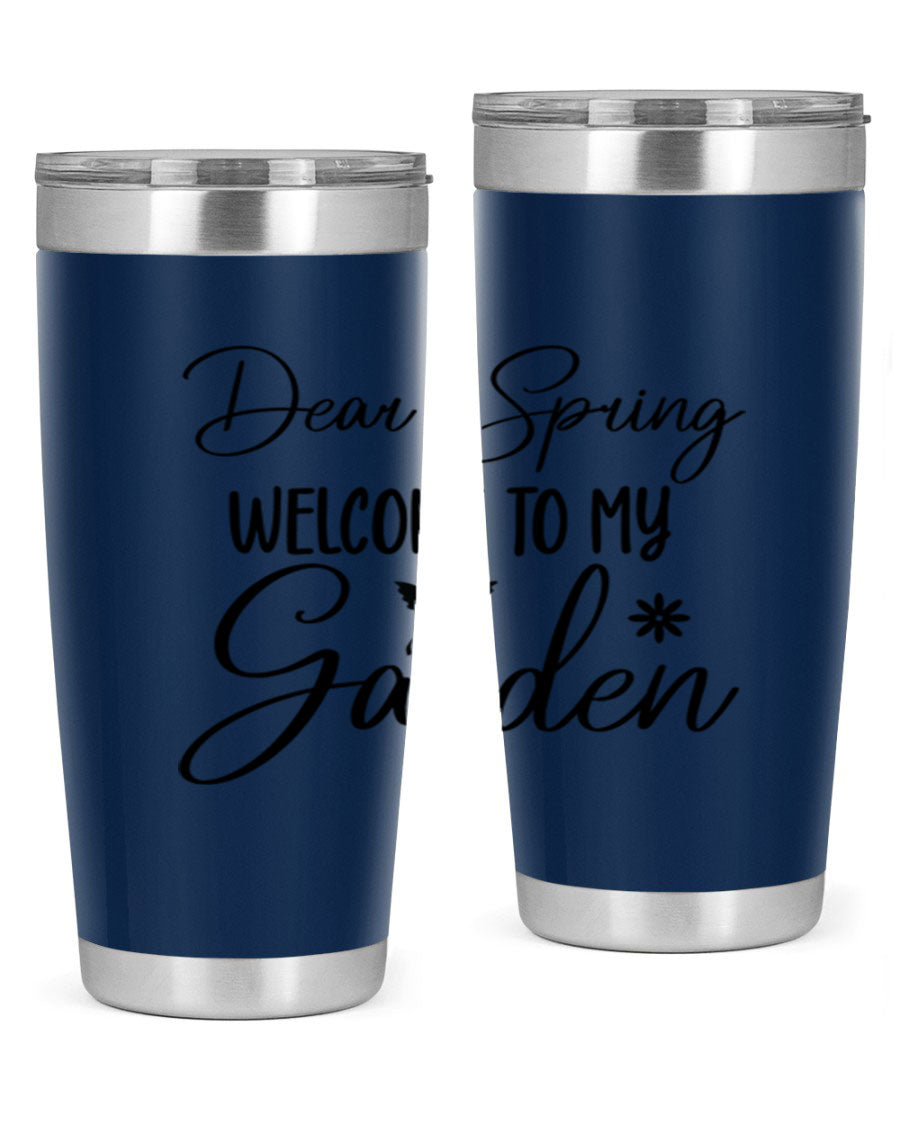 A stylish 20oz and 30oz stainless steel tumbler with a spring-themed design, featuring a press-in lid and double wall vacuum insulation.