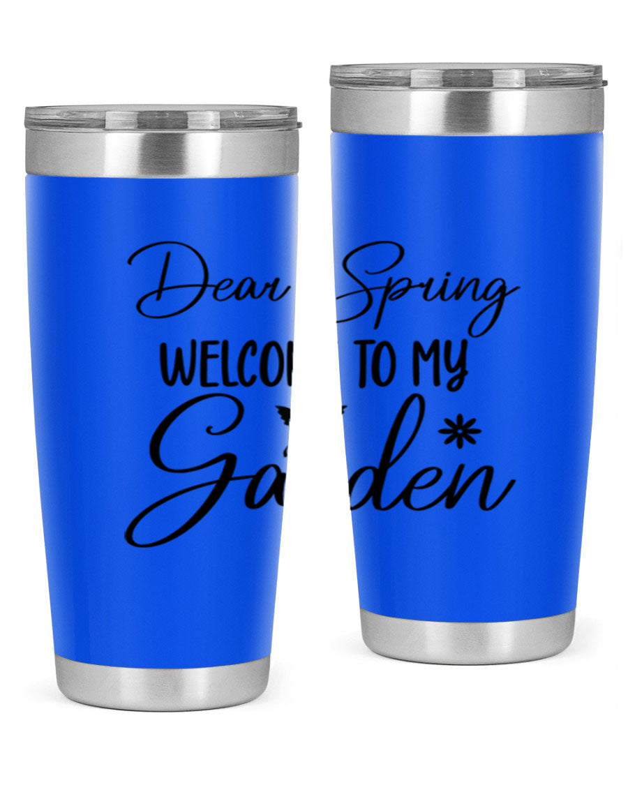 A stylish 20oz and 30oz stainless steel tumbler with a spring-themed design, featuring a press-in lid and double wall vacuum insulation.
