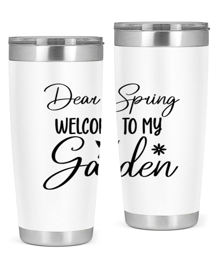 A stylish 20oz and 30oz stainless steel tumbler with a spring-themed design, featuring a press-in lid and double wall vacuum insulation.