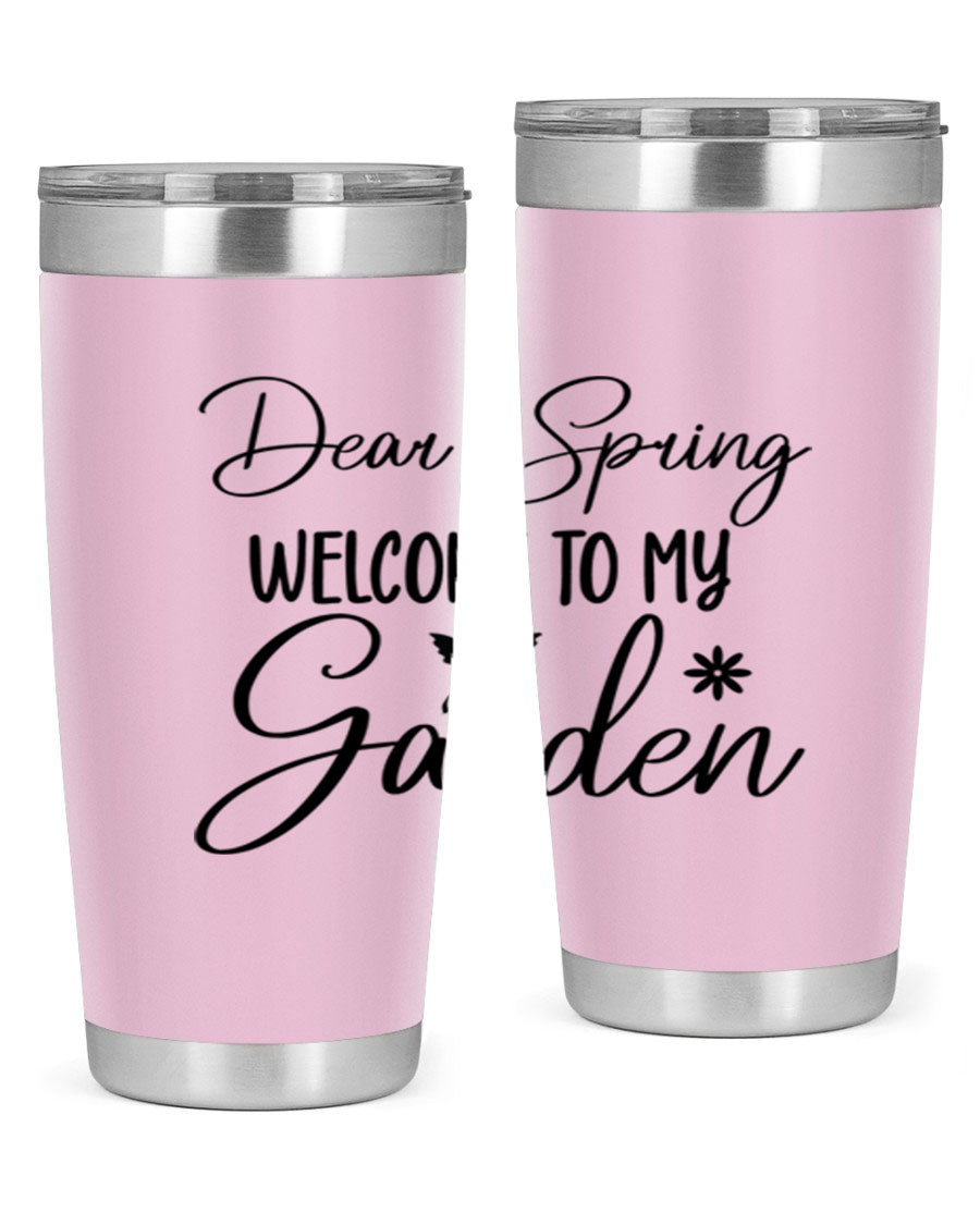 A stylish 20oz and 30oz stainless steel tumbler with a spring-themed design, featuring a press-in lid and double wall vacuum insulation.
