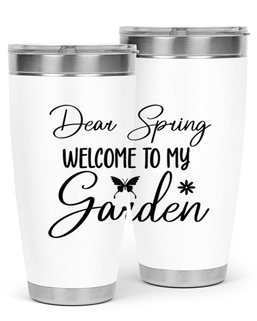 A stylish 20oz and 30oz stainless steel tumbler with a spring-themed design, featuring a press-in lid and double wall vacuum insulation.