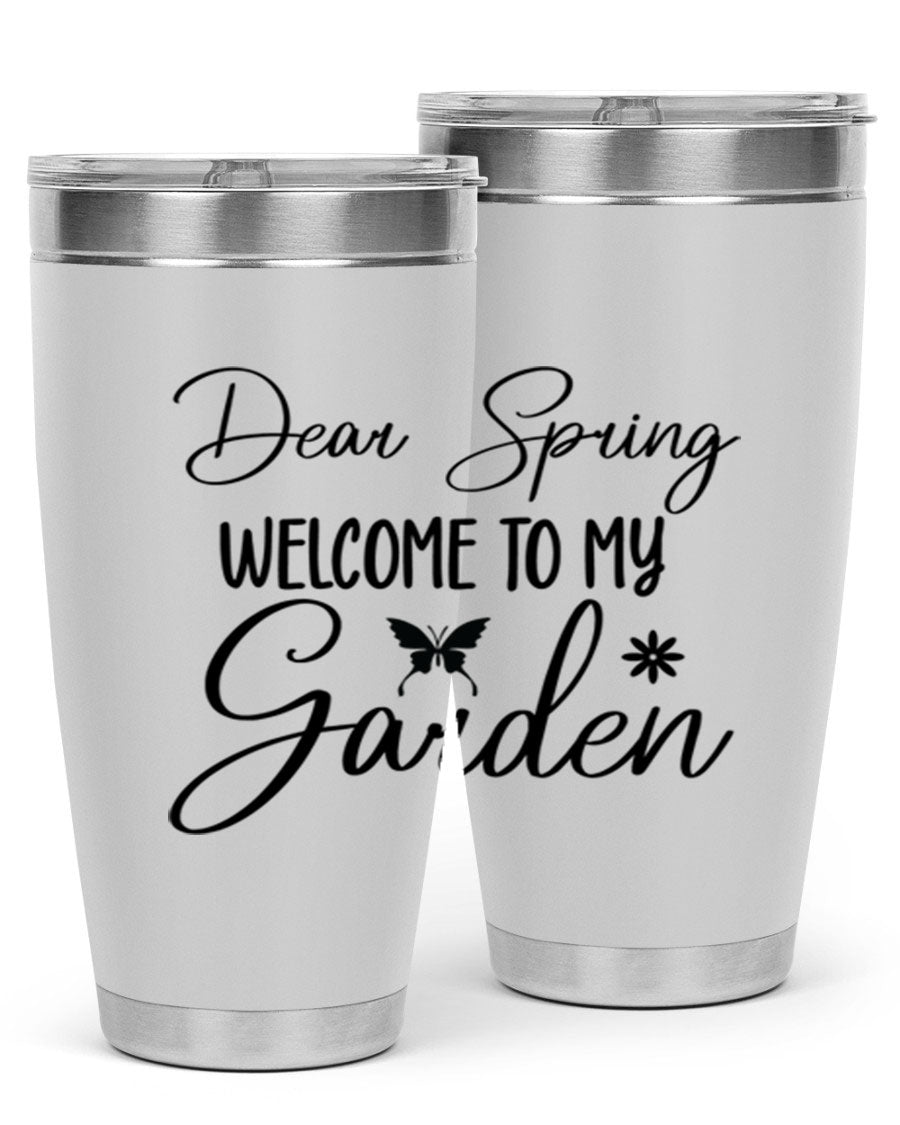 A stylish 20oz and 30oz stainless steel tumbler with a spring-themed design, featuring a press-in lid and double wall vacuum insulation.
