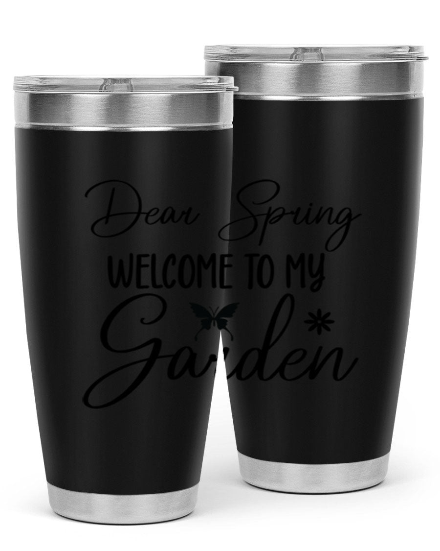 A stylish 20oz and 30oz stainless steel tumbler with a spring-themed design, featuring a press-in lid and double wall vacuum insulation.