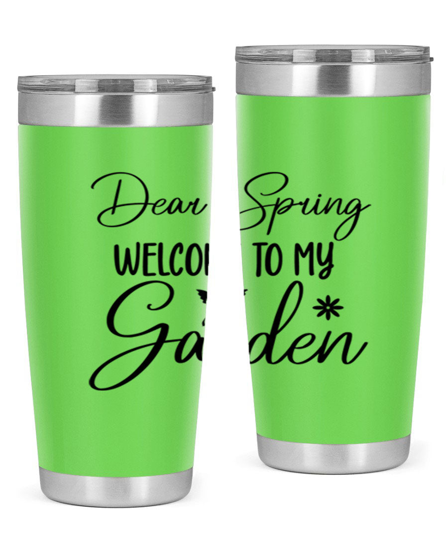 A stylish 20oz and 30oz stainless steel tumbler with a spring-themed design, featuring a press-in lid and double wall vacuum insulation.