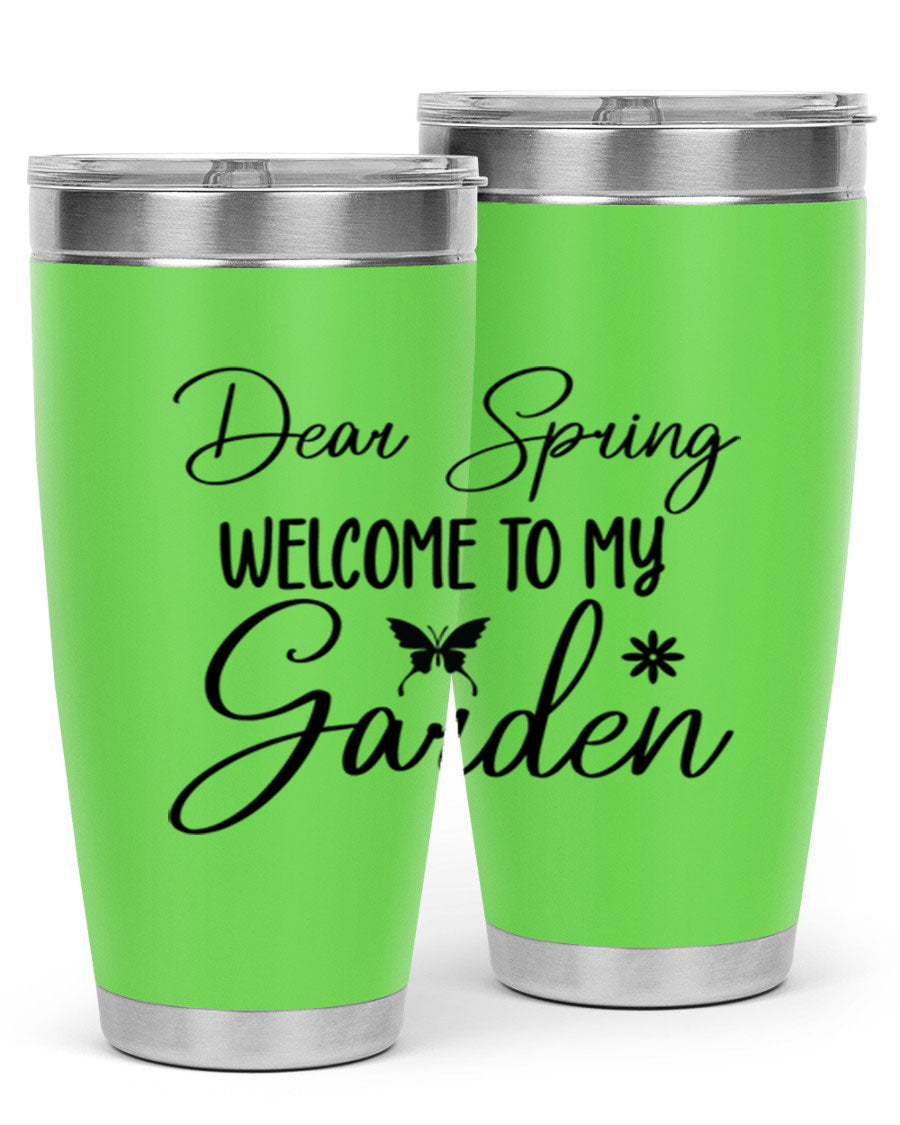A stylish 20oz and 30oz stainless steel tumbler with a spring-themed design, featuring a press-in lid and double wall vacuum insulation.