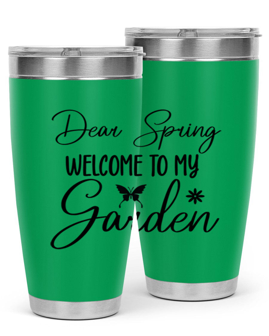 A stylish 20oz and 30oz stainless steel tumbler with a spring-themed design, featuring a press-in lid and double wall vacuum insulation.