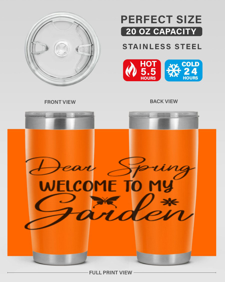 A stylish 20oz and 30oz stainless steel tumbler with a spring-themed design, featuring a press-in lid and double wall vacuum insulation.