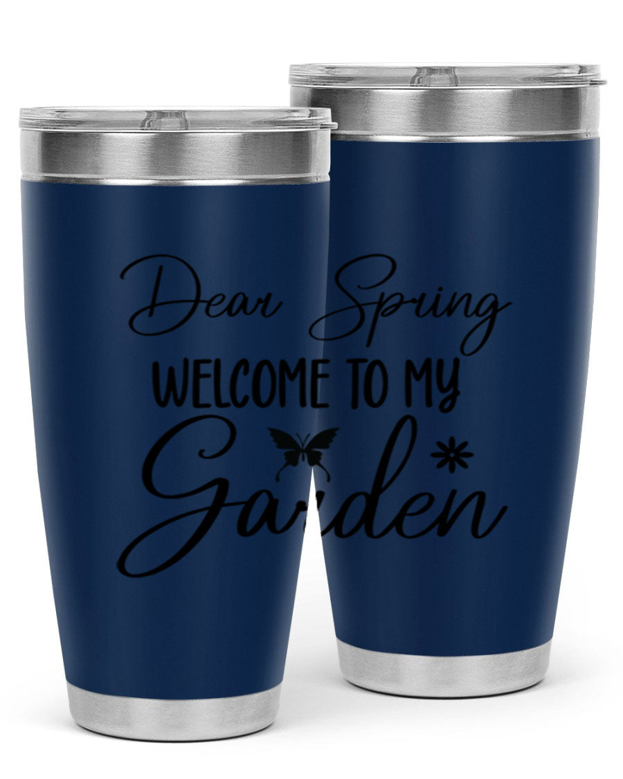 A stylish 20oz and 30oz stainless steel tumbler with a spring-themed design, featuring a press-in lid and double wall vacuum insulation.