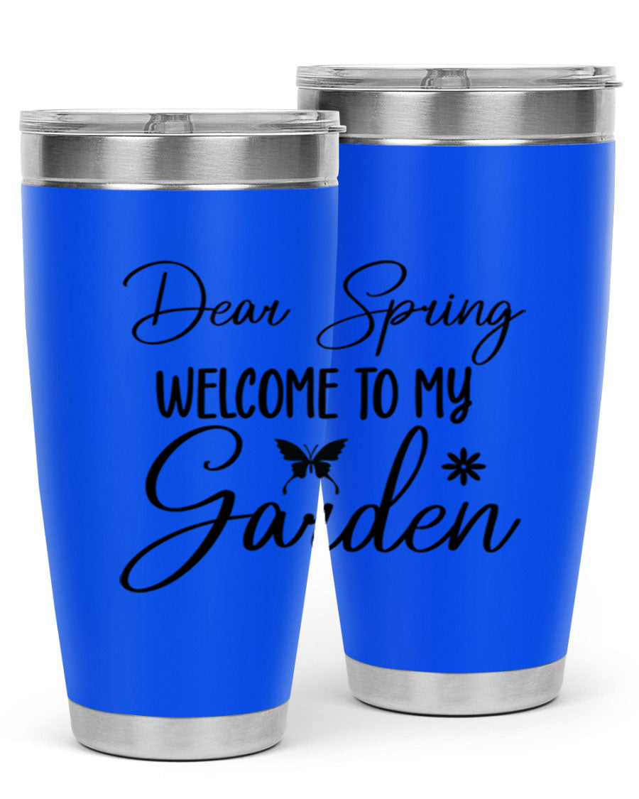 A stylish 20oz and 30oz stainless steel tumbler with a spring-themed design, featuring a press-in lid and double wall vacuum insulation.