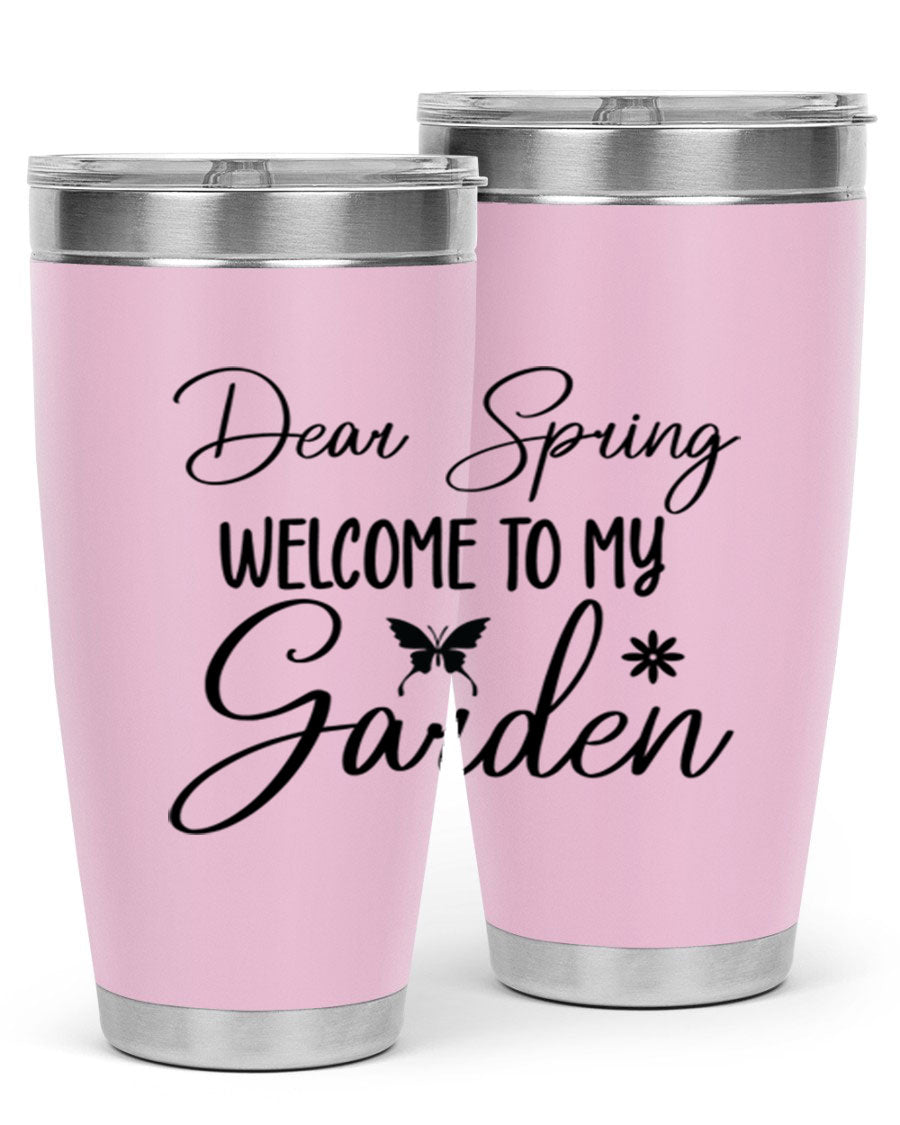 A stylish 20oz and 30oz stainless steel tumbler with a spring-themed design, featuring a press-in lid and double wall vacuum insulation.