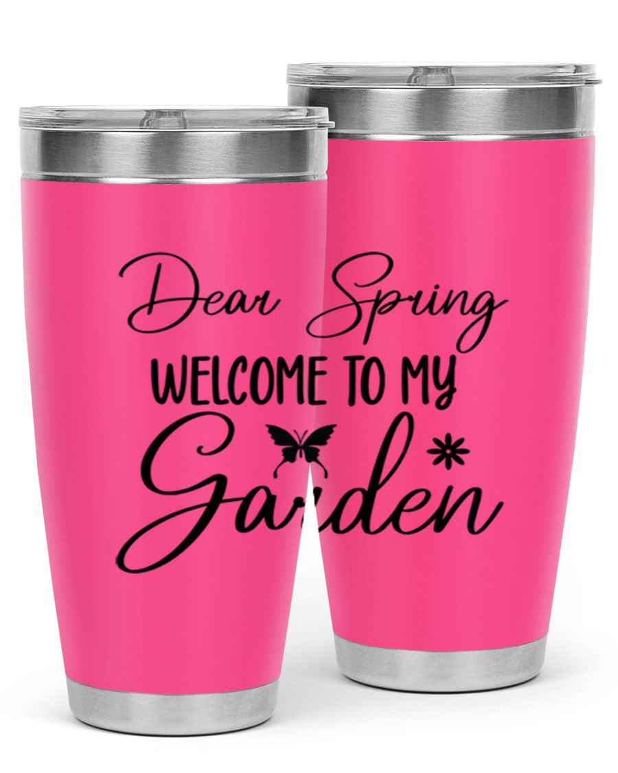 A stylish 20oz and 30oz stainless steel tumbler with a spring-themed design, featuring a press-in lid and double wall vacuum insulation.