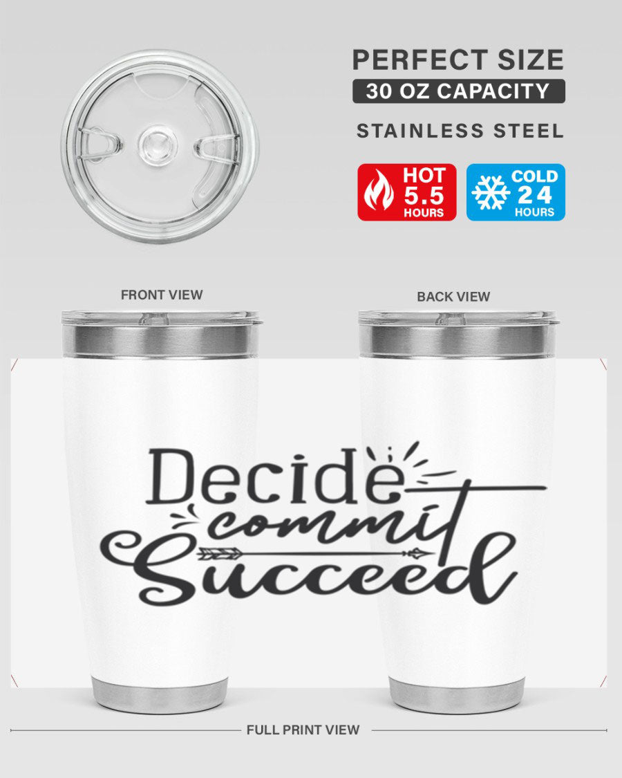 Decide Commit Succeed 50# Gym Tumbler in stainless steel with motivational print, showcasing its double wall vacuum design.