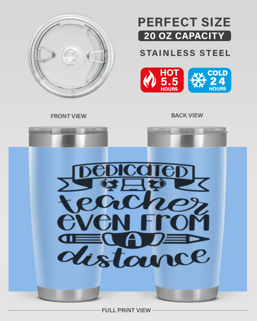 Dedicated Teacher Even Style 80# tumbler in stainless steel with a drink-thru lid, showcasing its sleek design and vibrant print.