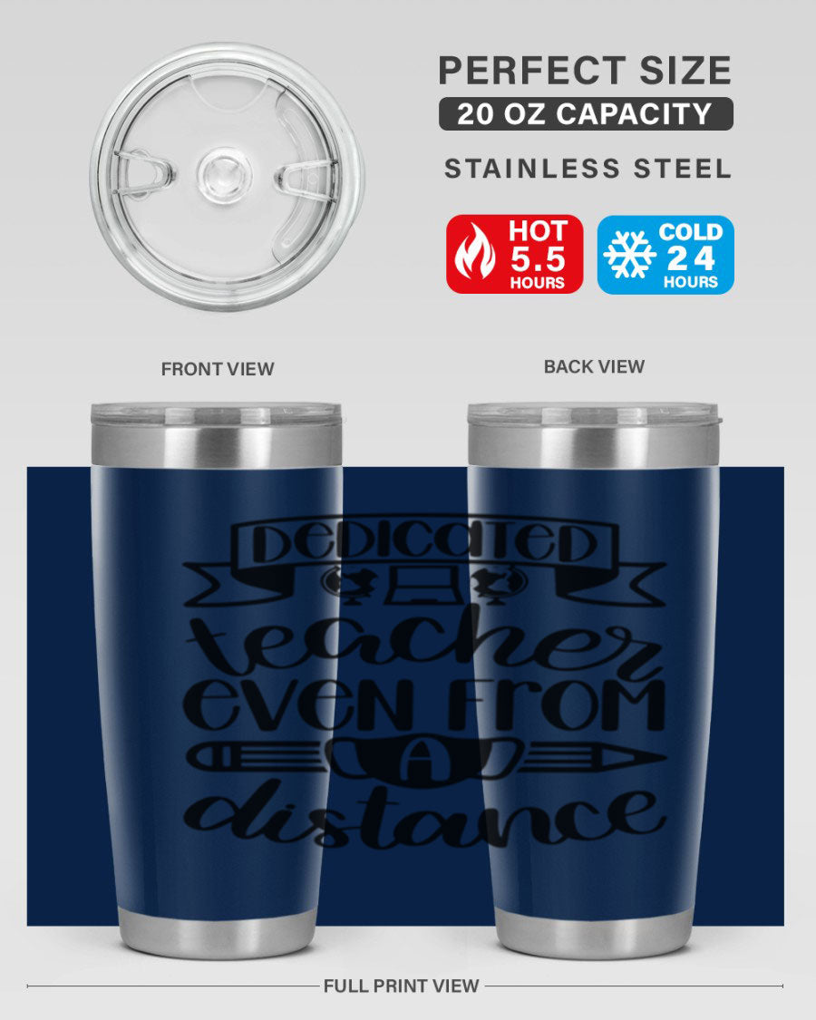 Dedicated Teacher Even Style 80# tumbler in stainless steel with a drink-thru lid, showcasing its sleek design and vibrant print.