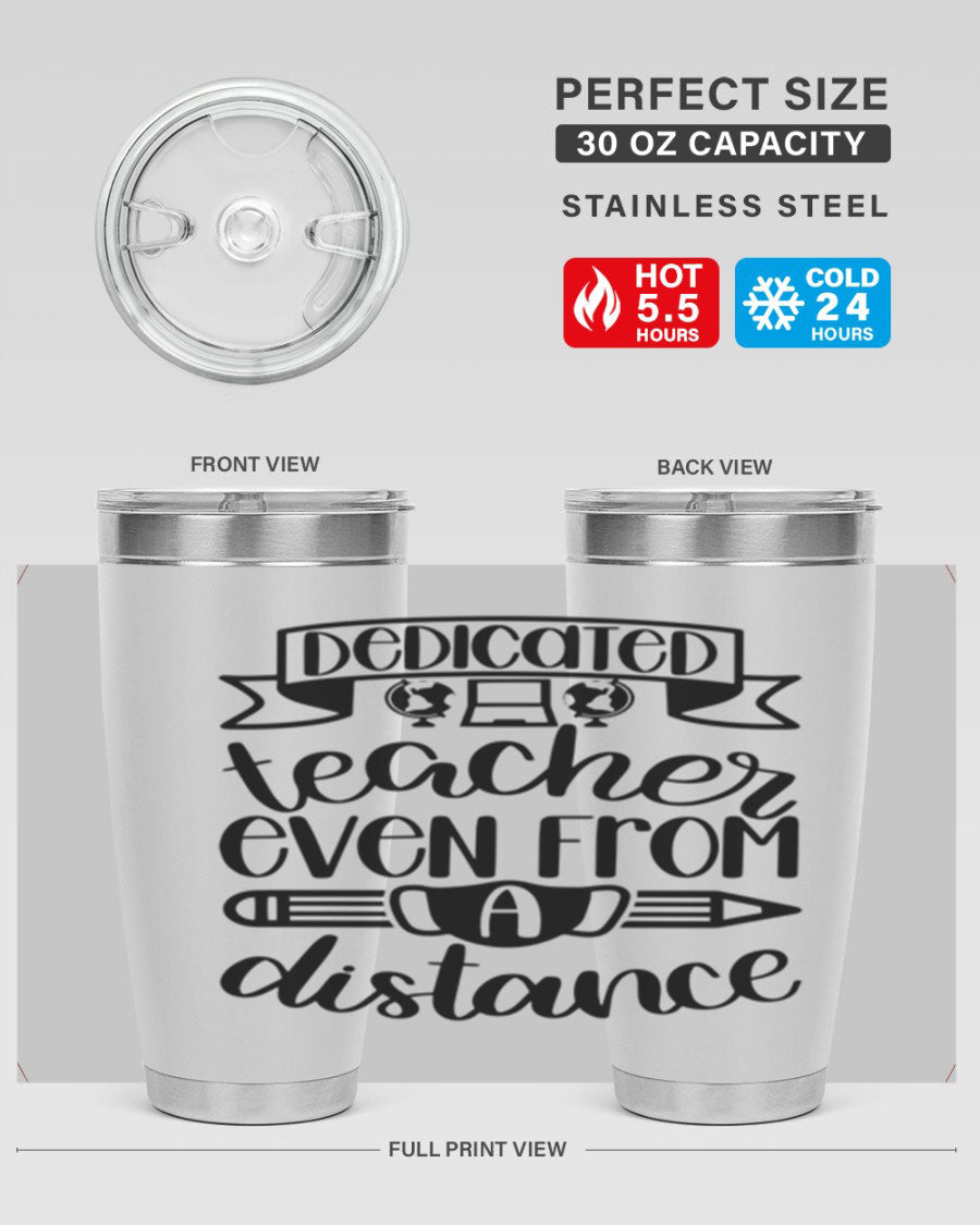 Dedicated Teacher Even Style 80# tumbler in stainless steel with a drink-thru lid, showcasing its sleek design and vibrant print.