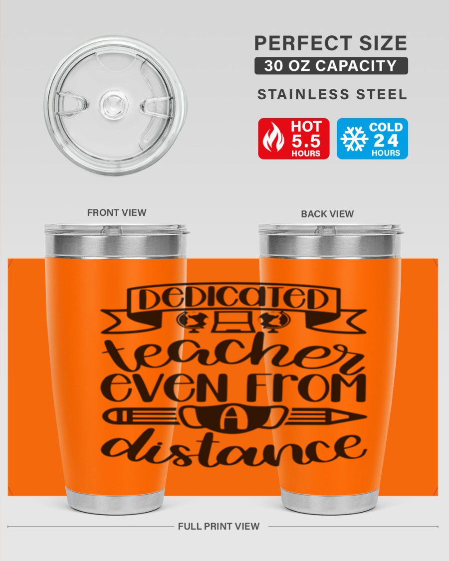Dedicated Teacher Even Style 80# tumbler in stainless steel with a drink-thru lid, showcasing its sleek design and vibrant print.