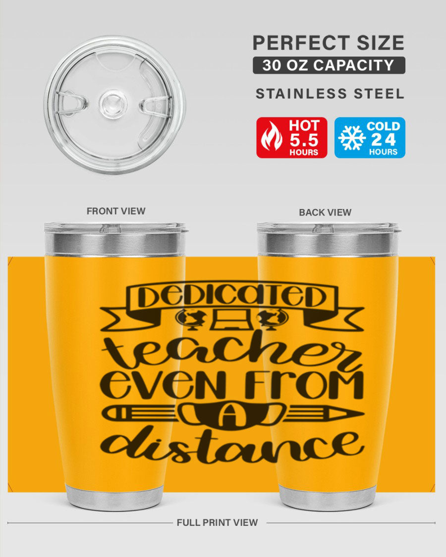 Dedicated Teacher Even Style 80# tumbler in stainless steel with a drink-thru lid, showcasing its sleek design and vibrant print.