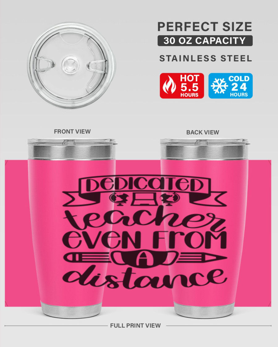 Dedicated Teacher Even Style 80# tumbler in stainless steel with a drink-thru lid, showcasing its sleek design and vibrant print.