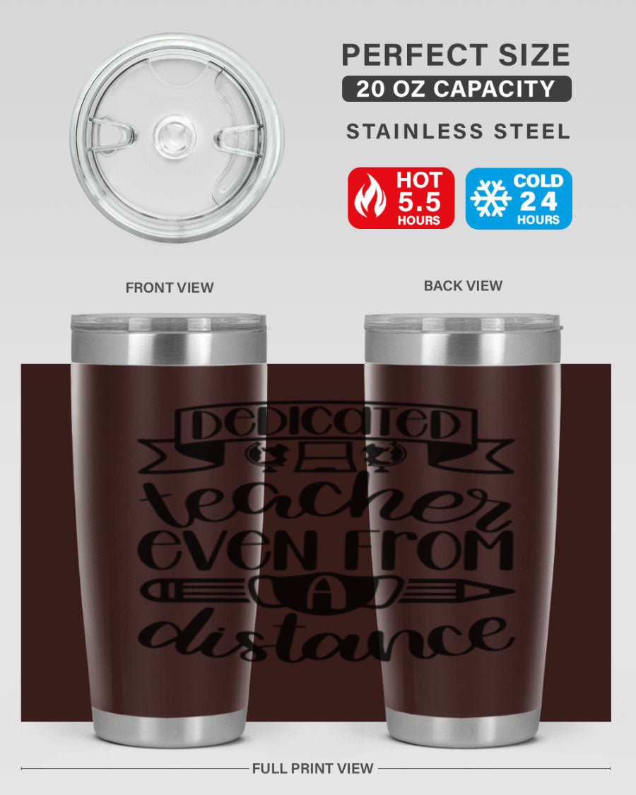 Dedicated Teacher Even Style 80# tumbler in stainless steel with a drink-thru lid, showcasing its sleek design and vibrant print.