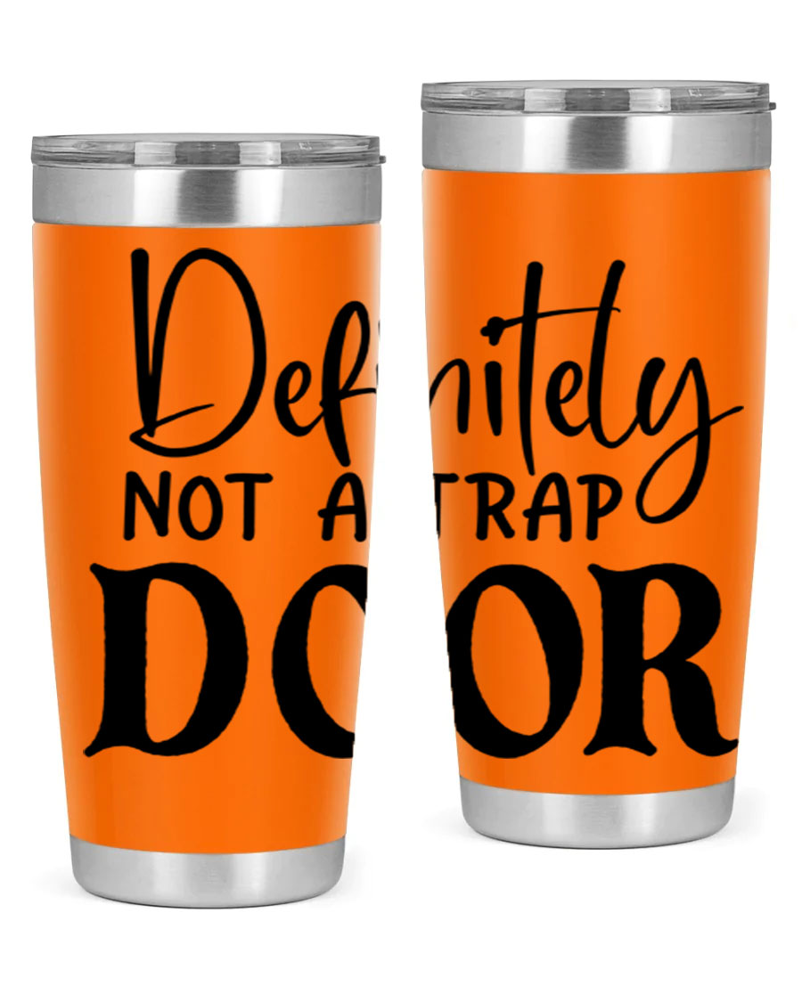 Definitely not a trap door 77# Tumbler in stainless steel with a drink-thru lid, showcasing its sleek design and insulation features.