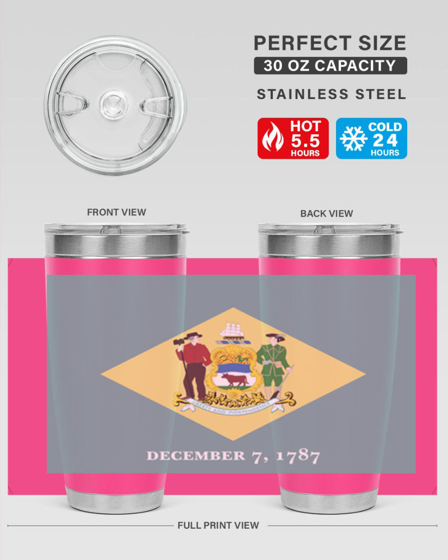 Delaware 44# US Flags Tumbler showcasing its stainless steel design and vibrant print.