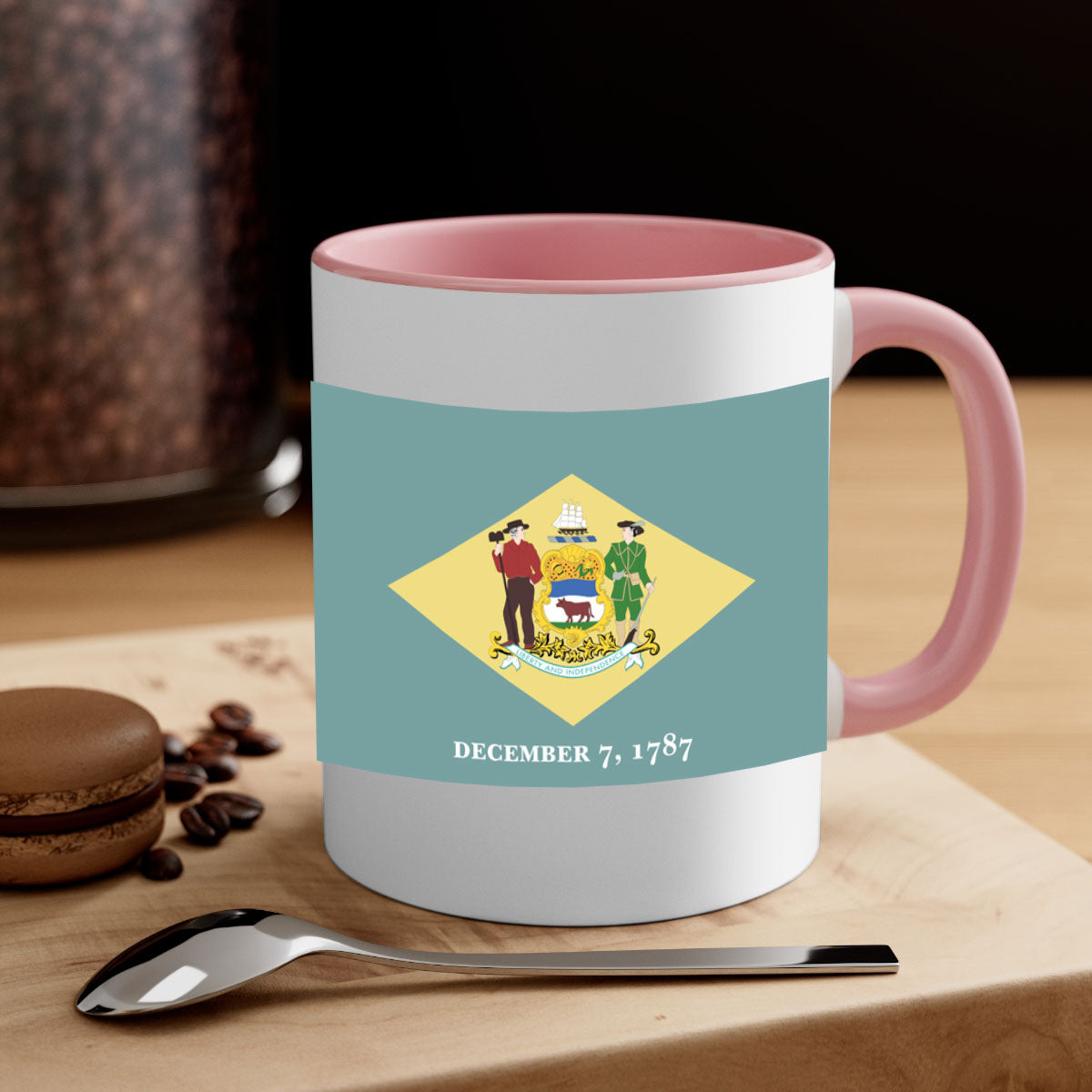 Delaware 44# Mug featuring a glossy finish with a colored handle and interior, available in multiple colors and sizes.