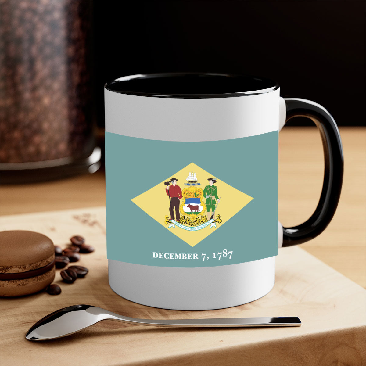 Delaware 44# Mug featuring a glossy finish with a colored handle and interior, available in multiple colors and sizes.