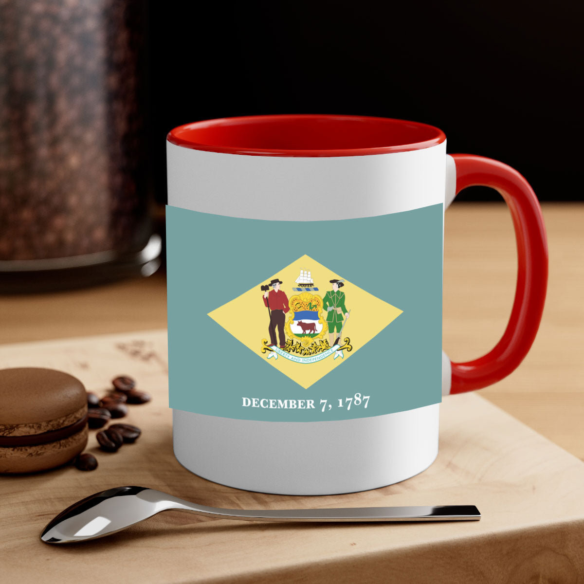 Delaware 44# Mug featuring a glossy finish with a colored handle and interior, available in multiple colors and sizes.